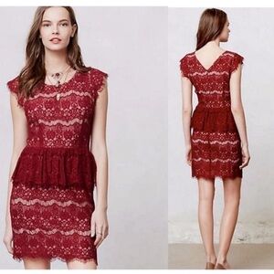 ANTHROPOLOGIE Maeve Elsa Dress Peplum Lace Elegant Burgundy Large Wedding Nude